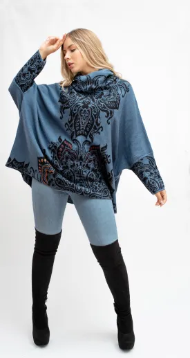 100% Baby Alpaca Poncho with Hand embroidered detailing