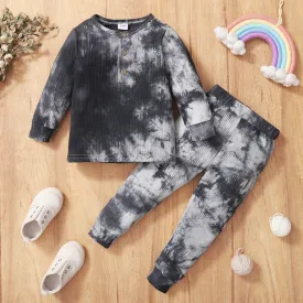 2-piece Toddler Girl/Boy Tie Dye Long-sleeve Ribbed Henley Shirt and Elasticized Pants Set