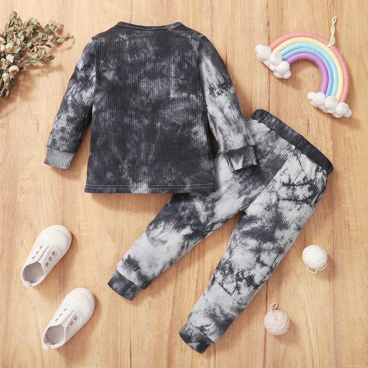 2-piece Toddler Girl/Boy Tie Dye Long-sleeve Ribbed Henley Shirt and Elasticized Pants Set
