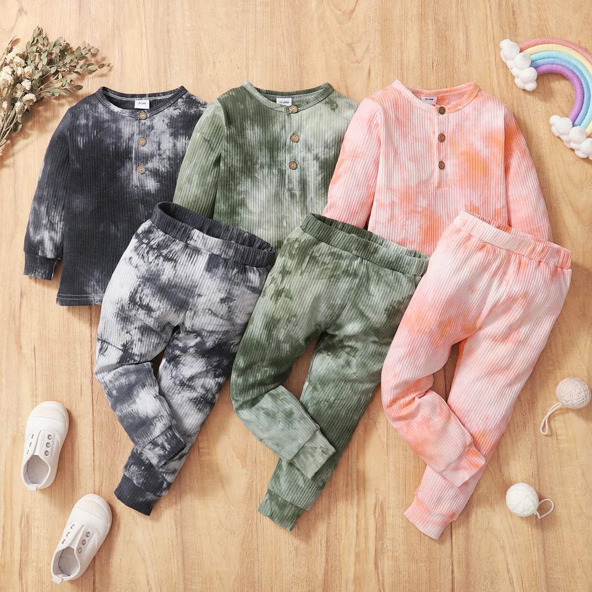2-piece Toddler Girl/Boy Tie Dye Long-sleeve Ribbed Henley Shirt and Elasticized Pants Set