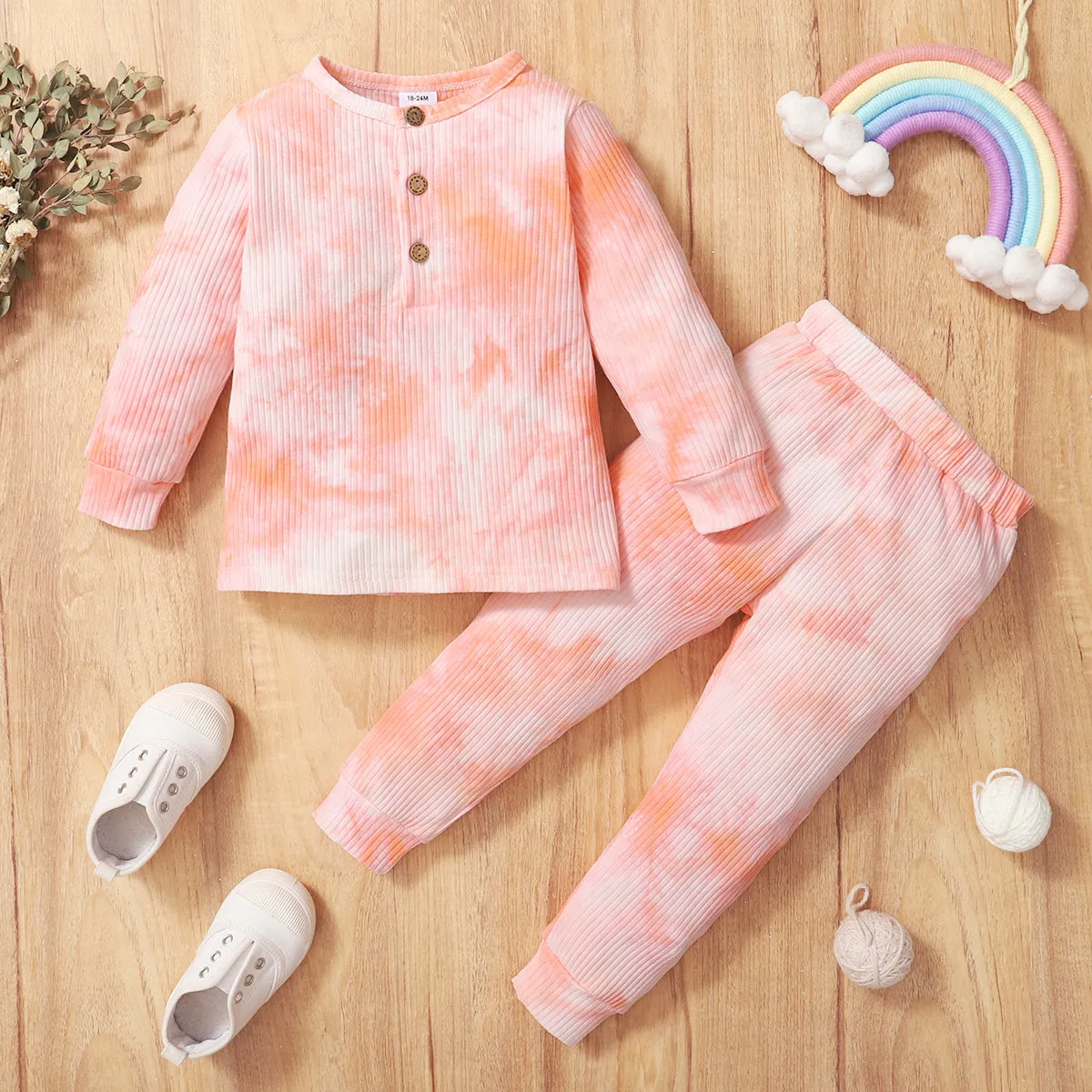 2-piece Toddler Girl/Boy Tie Dye Long-sleeve Ribbed Henley Shirt and Elasticized Pants Set