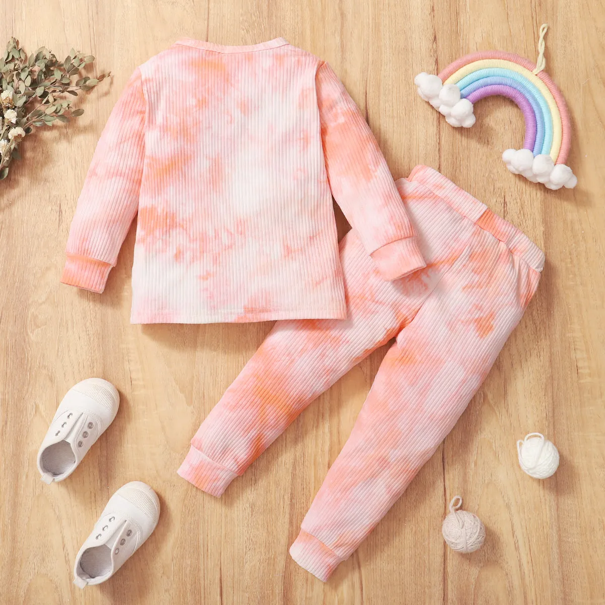 2-piece Toddler Girl/Boy Tie Dye Long-sleeve Ribbed Henley Shirt and Elasticized Pants Set