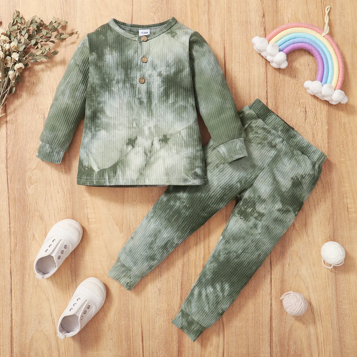 2-piece Toddler Girl/Boy Tie Dye Long-sleeve Ribbed Henley Shirt and Elasticized Pants Set