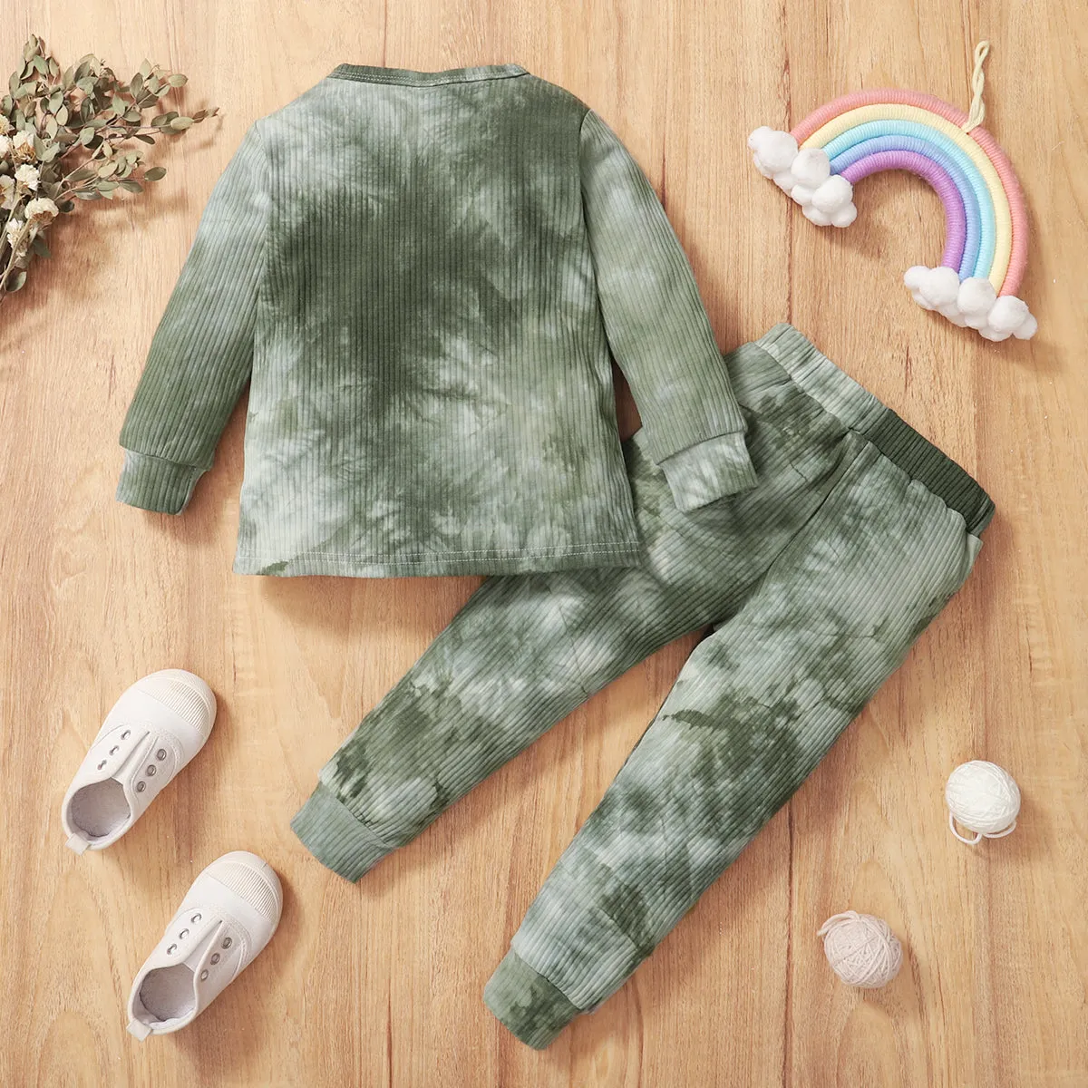 2-piece Toddler Girl/Boy Tie Dye Long-sleeve Ribbed Henley Shirt and Elasticized Pants Set