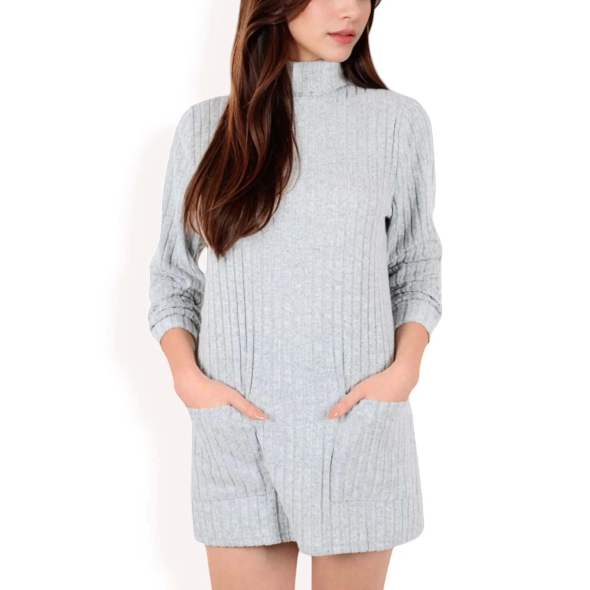 Anna-Kaci Women's Mock Neck Long Sleeve Ribbed Knit Tunic with Front Pockets