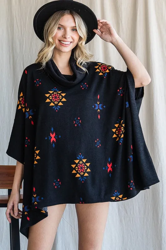 Aztec Print Cowl Neck Oversized Poncho