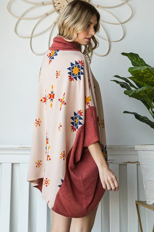 Aztec Print Cowl Neck Oversized Poncho