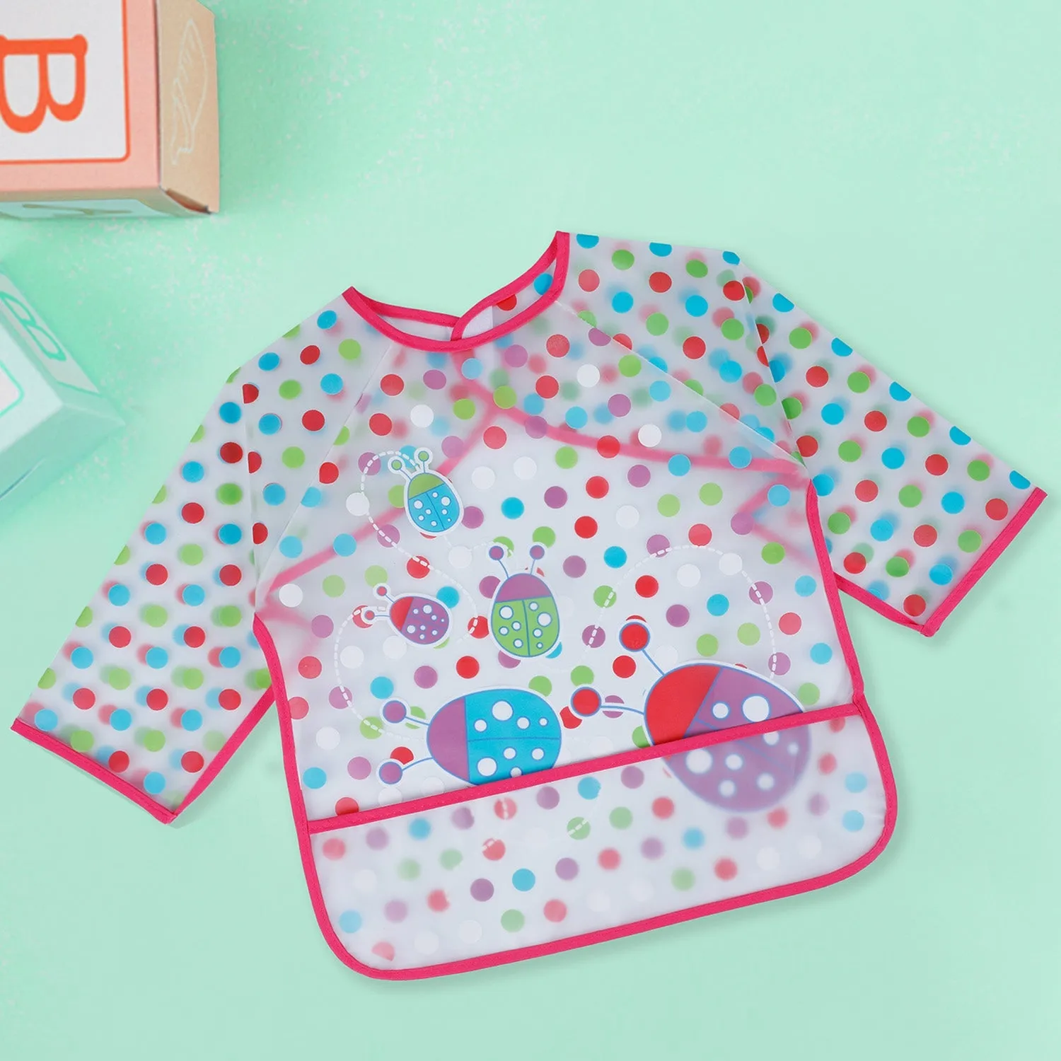 Baby Moo Polka Dots And Bugs Long Sleeves Waterproof Wear Me Bib - Pink