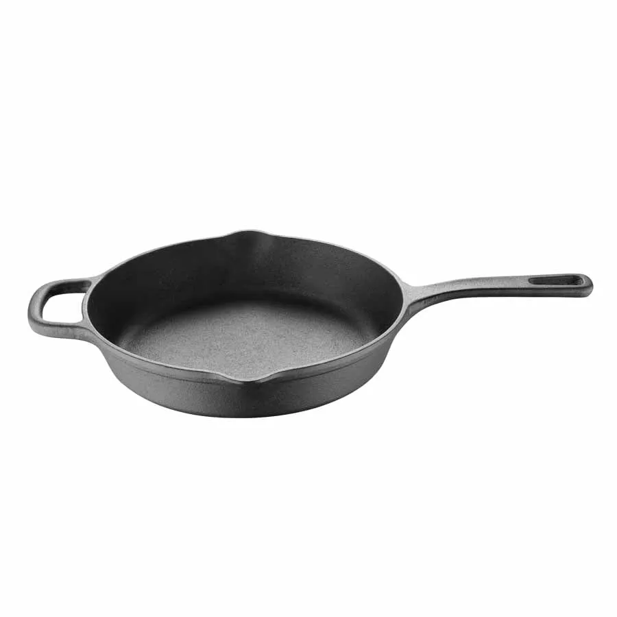 BBQ by MasterPRO - 12" Pre Seasoned Cast Iron Fry Pan with Helper Handle and Dual Spouts, Black