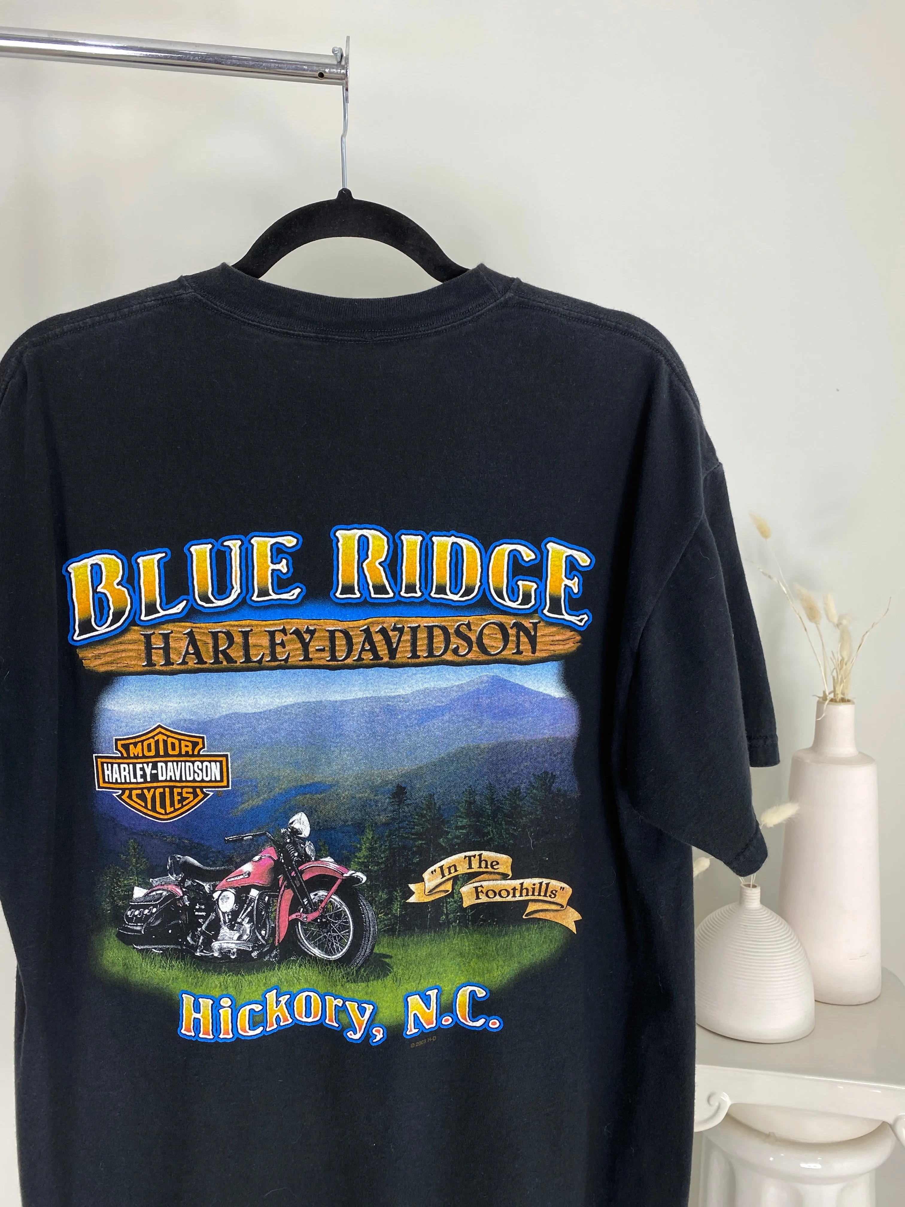 BLACK HARLEY DAVIDSON BLUE FLAME NORTH CAROLINA T-SHIRT