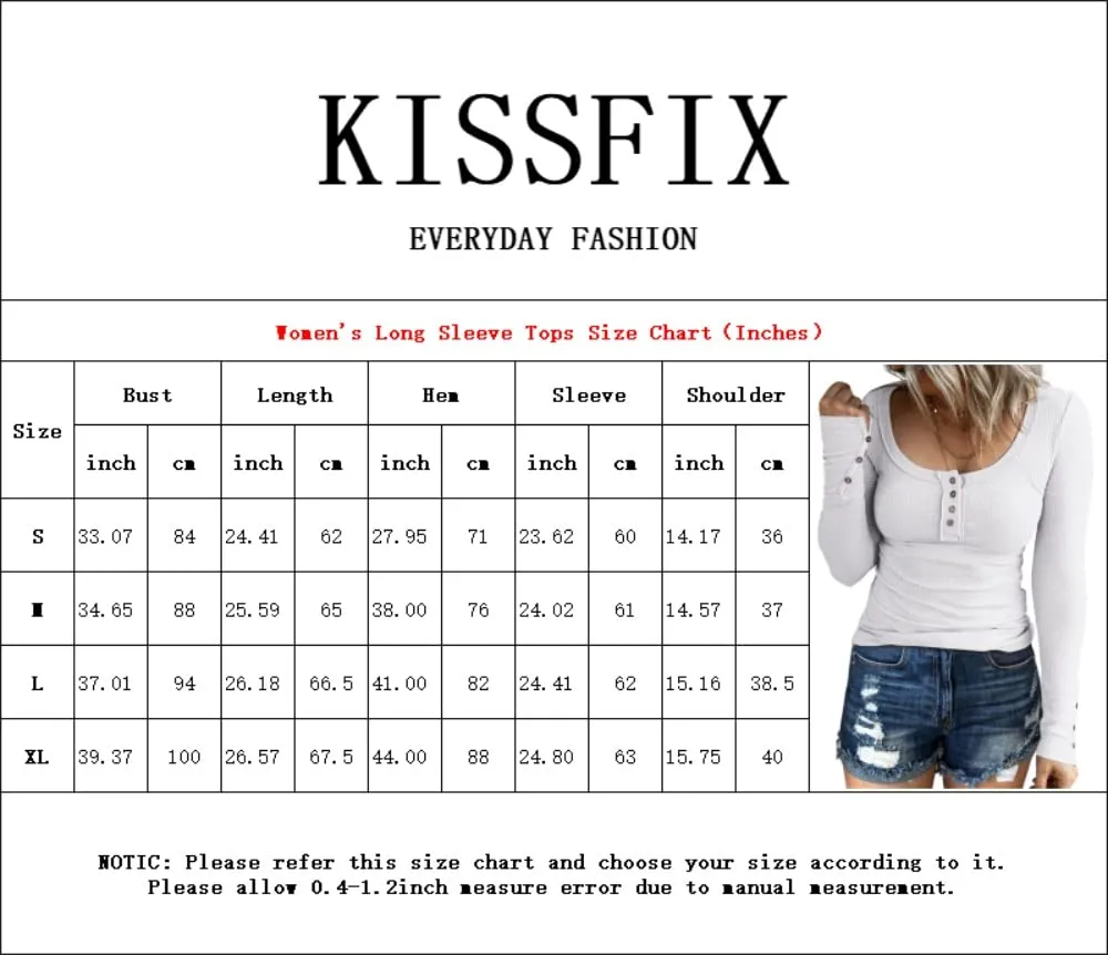 Blue Women's Long Sleeve Shirts Casual Fall Henley Top Button Down Blouses Basic Ribbed Knit T Shirts - Kissfix