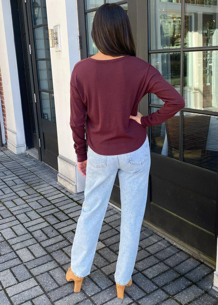 Bobi Cropped Ribbed Long Sleeve Henley Tee - Brandy***FINAL SALE***