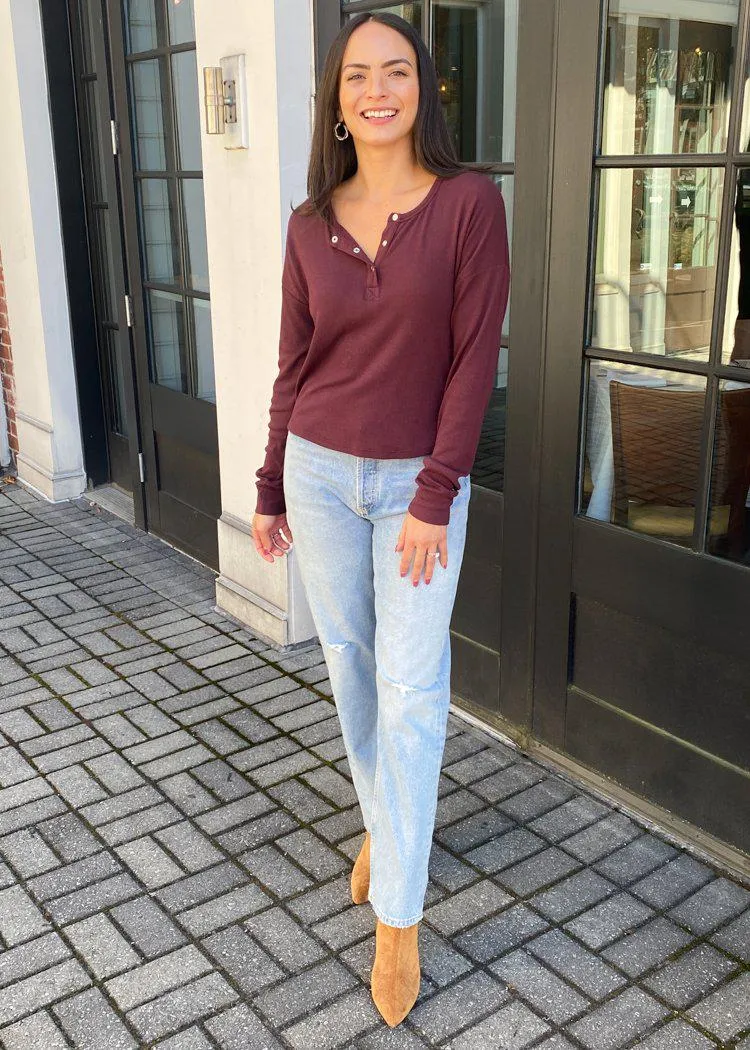 Bobi Cropped Ribbed Long Sleeve Henley Tee - Brandy***FINAL SALE***