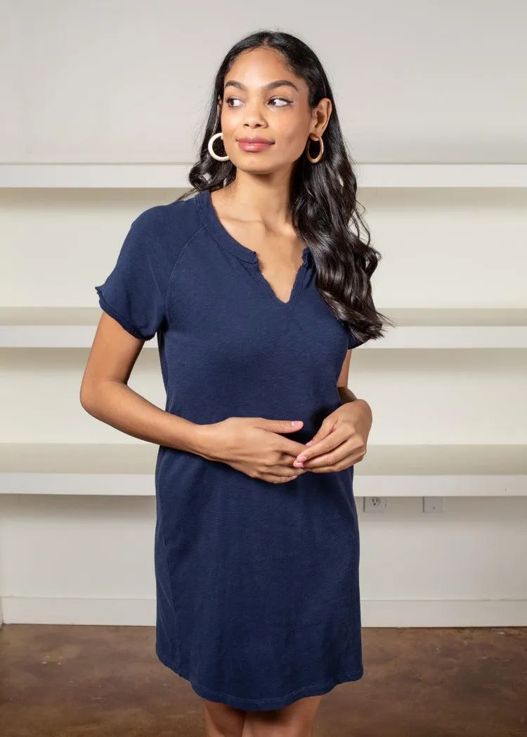 Bobi V Neck French Terry Tee Dress-Navy