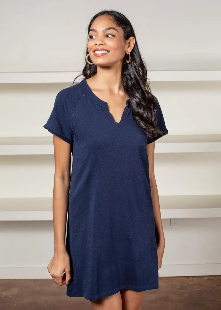 Bobi V Neck French Terry Tee Dress-Navy