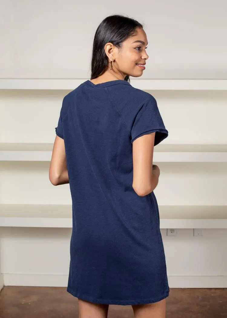 Bobi V Neck French Terry Tee Dress-Navy