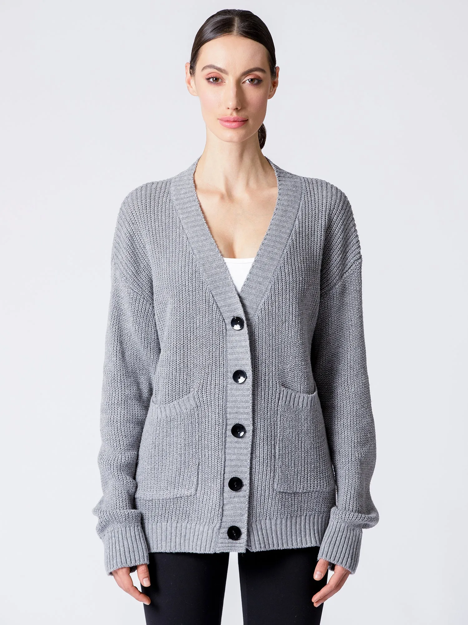BOYFRIEND FIT KNIT CARDIGAN, LIGHT GREY