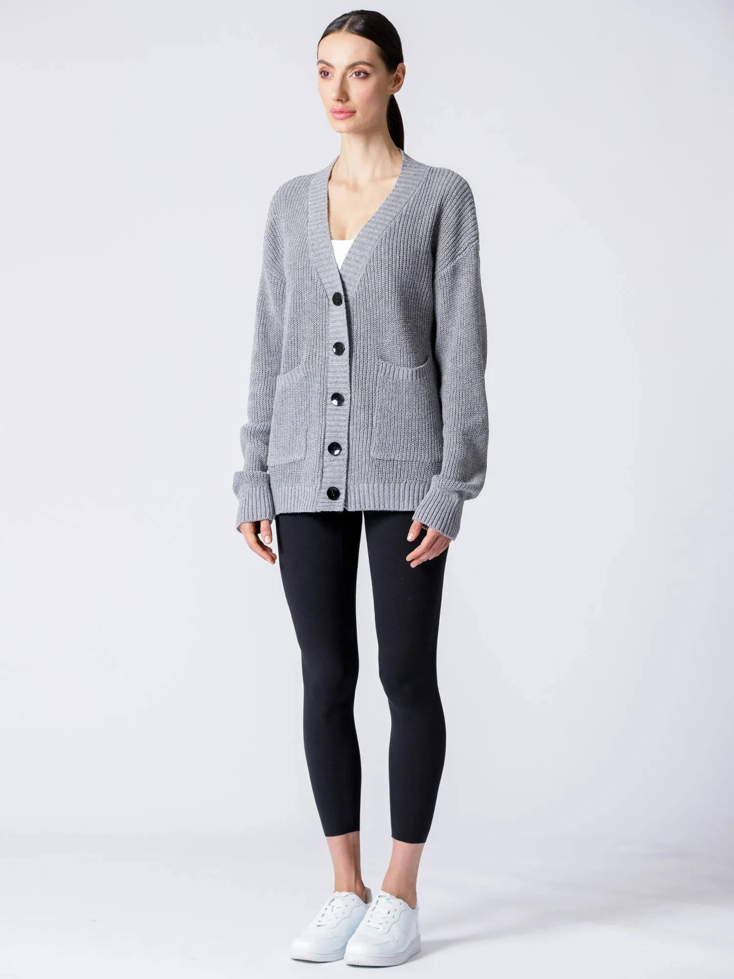 BOYFRIEND FIT KNIT CARDIGAN, LIGHT GREY