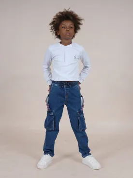 Boys Cotton Solid Full Sleeves Henley Neck Tee & Cargo Pocket Denim Jeans With Side Strap