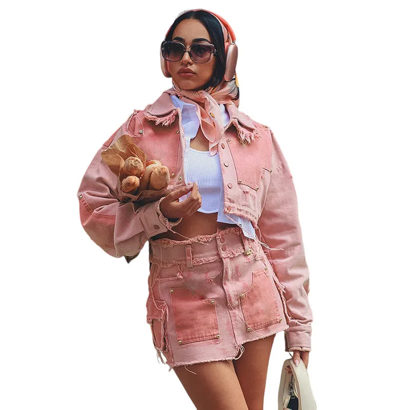 Cargo Contrast Color Lapels Slim pink Denim Jacket and skirt