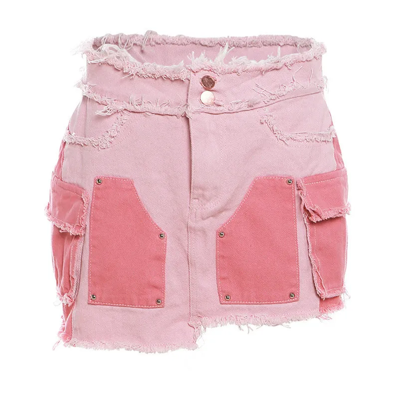 Cargo Contrast Color Lapels Slim pink Denim Jacket and skirt
