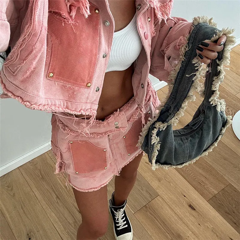 Cargo Contrast Color Lapels Slim pink Denim Jacket and skirt