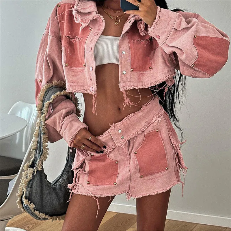 Cargo Contrast Color Lapels Slim pink Denim Jacket and skirt