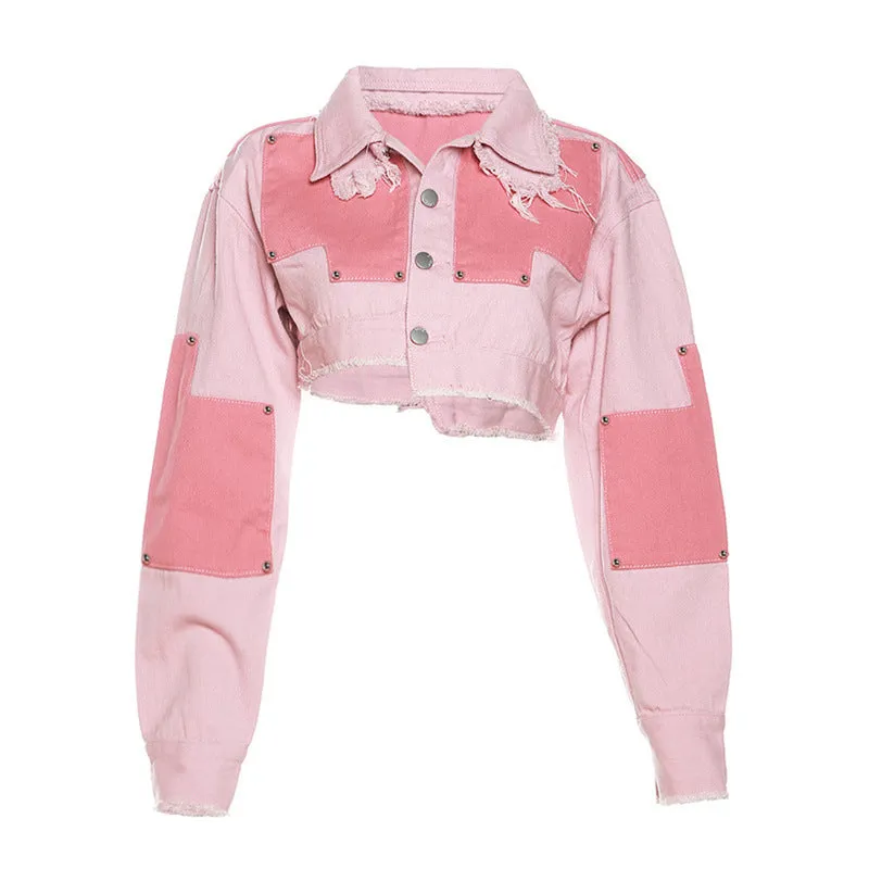 Cargo Contrast Color Lapels Slim pink Denim Jacket and skirt