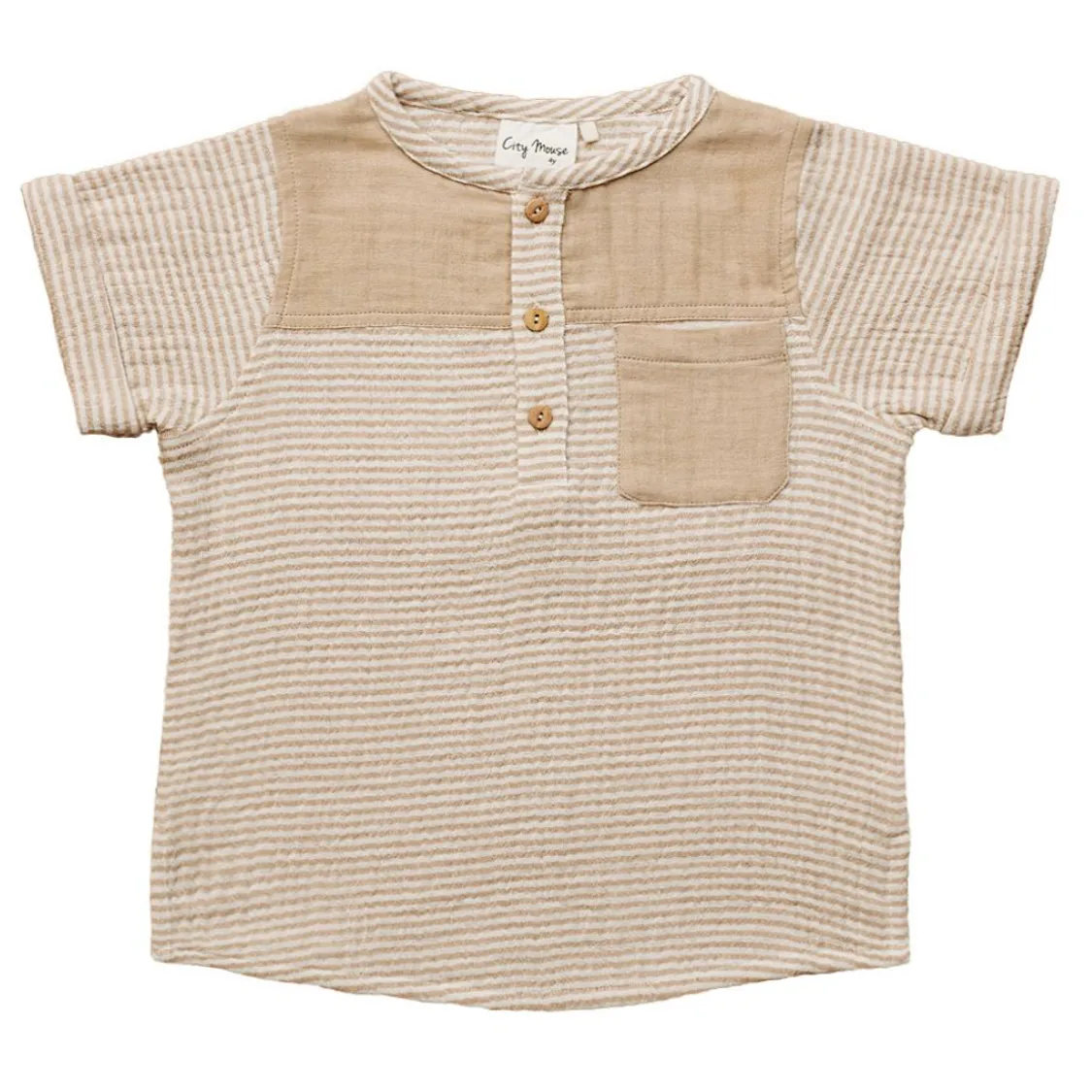 City Mouse - Pocket Crinkle Cotton Henley in Sesame Stripe