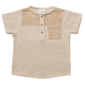 City Mouse - Pocket Crinkle Cotton Henley in Sesame Stripe