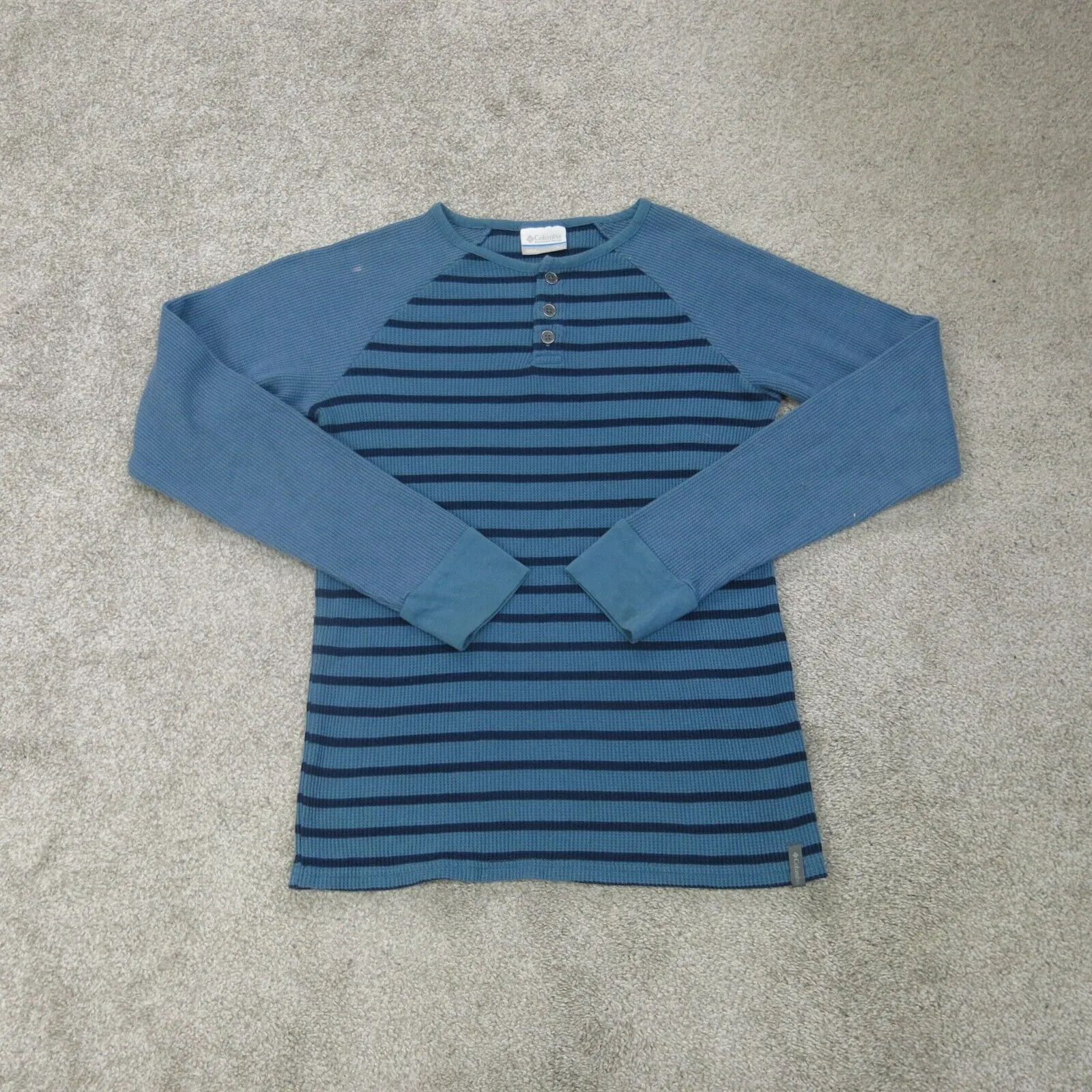 Columbia Shirt Womens Large Blue Black Long Sleeve Striped Knitted Henley Neck