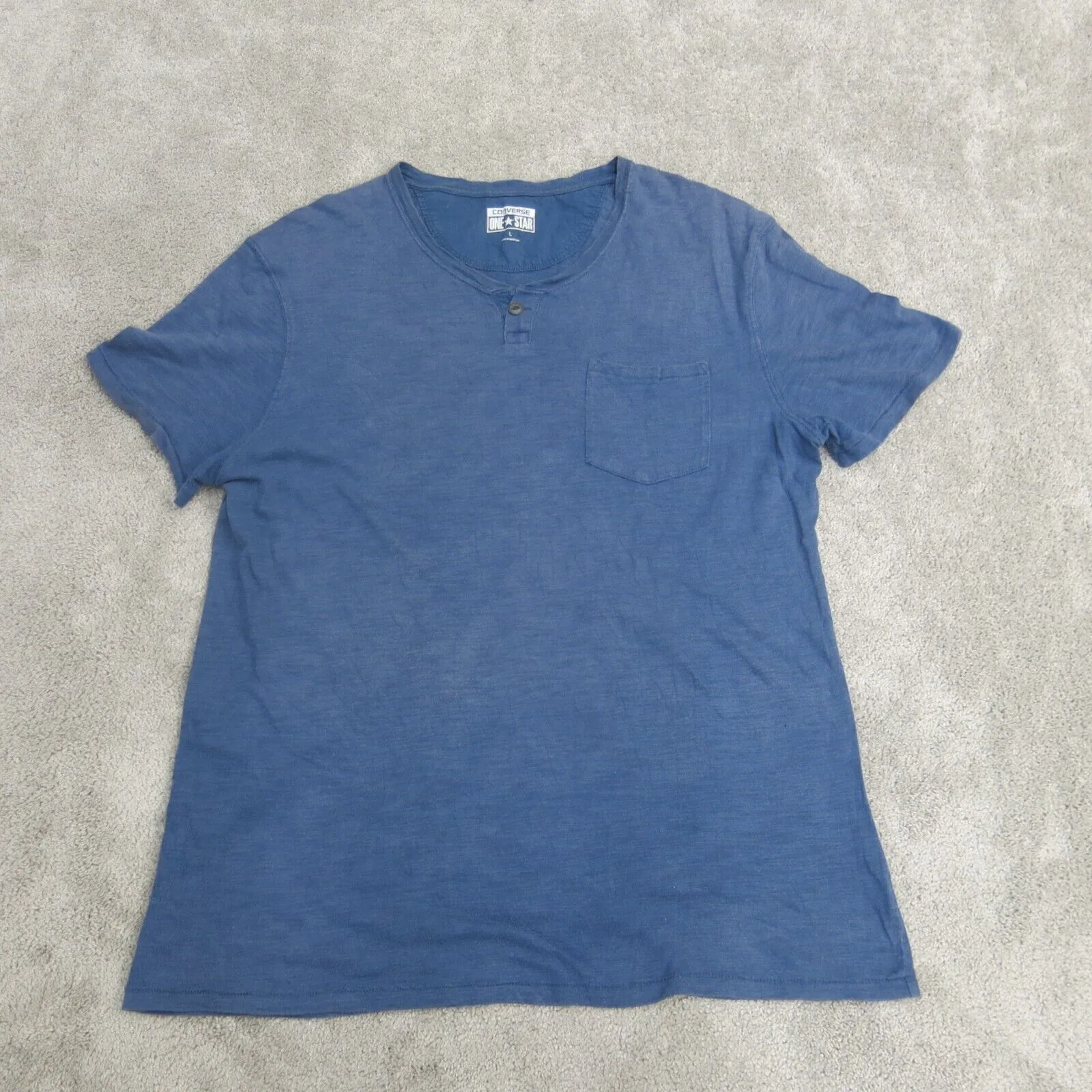 Converse One Star Shirt Mens Large Blue Cap Sleeve Henley Neck Tee Casual Pocket