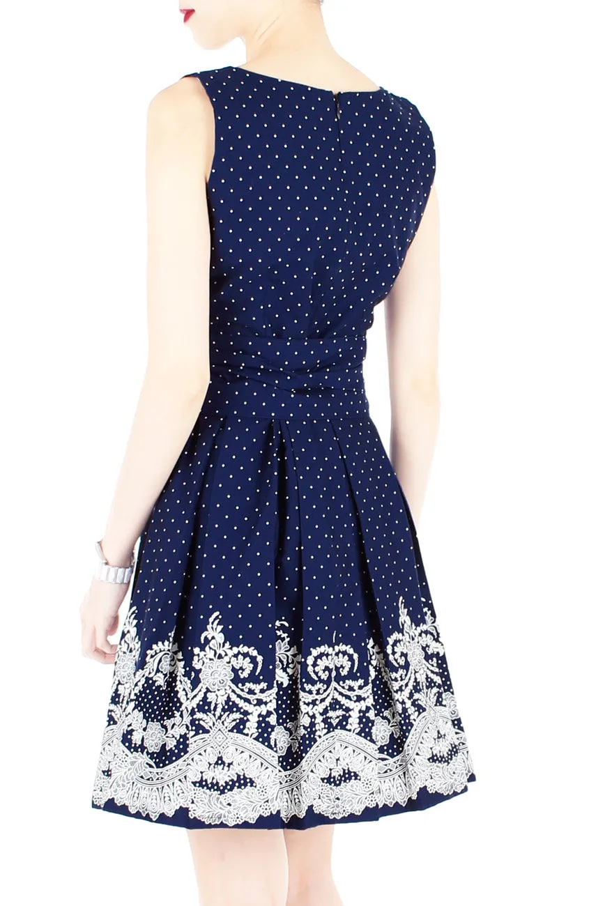 Elegant Moments in Spots & Lace Flare Dress with Obi Belt - Midnight Blue