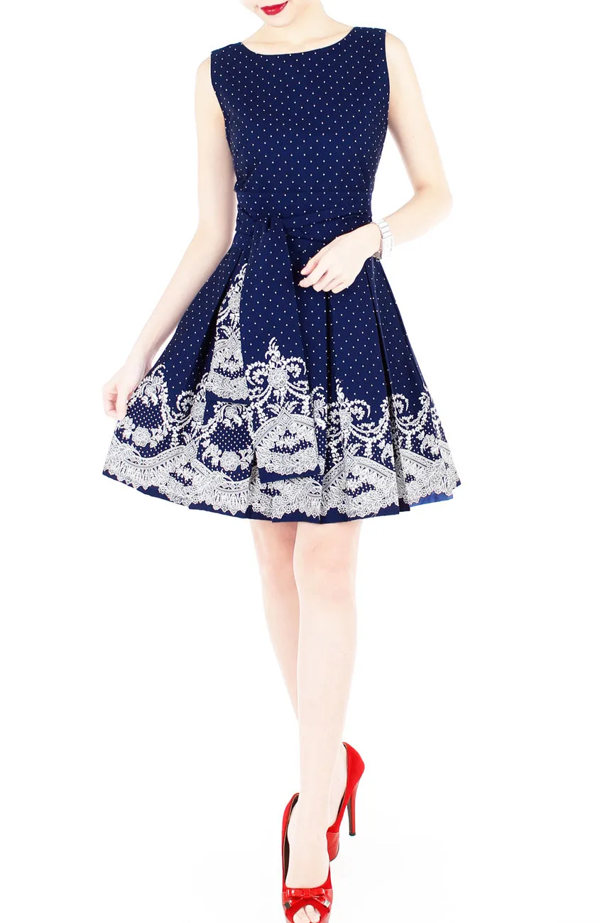 Elegant Moments in Spots & Lace Flare Dress with Obi Belt - Midnight Blue