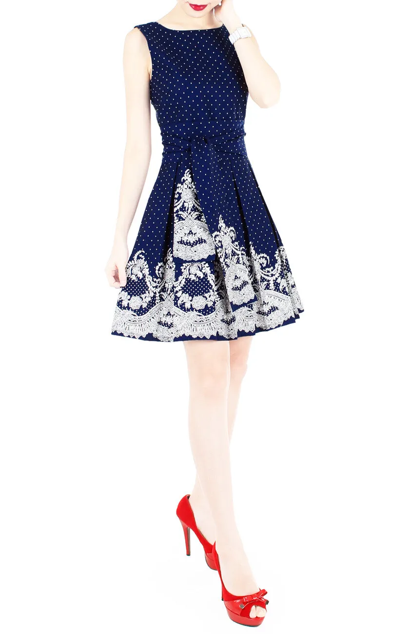 Elegant Moments in Spots & Lace Flare Dress with Obi Belt - Midnight Blue