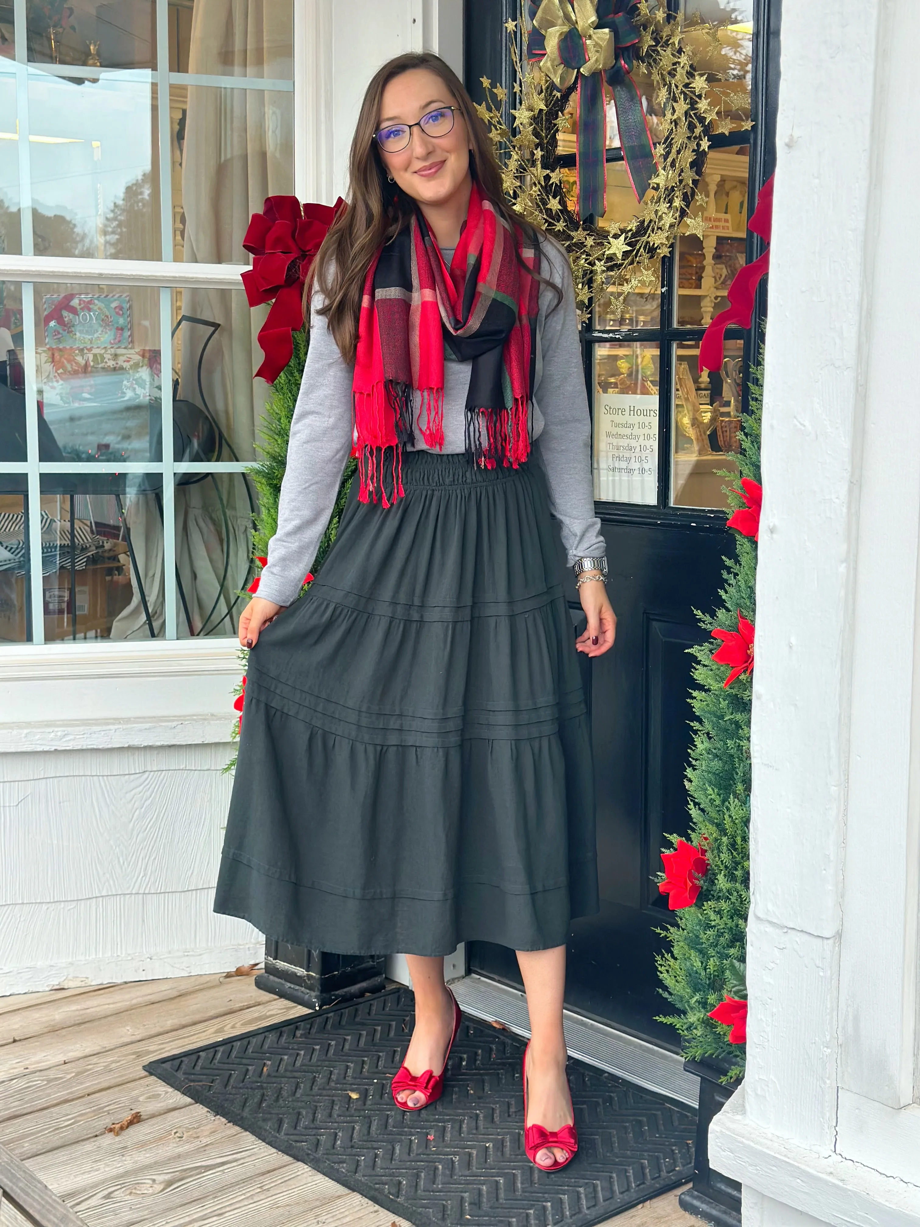 Forest Green Pin-Tuck Midi Skirt