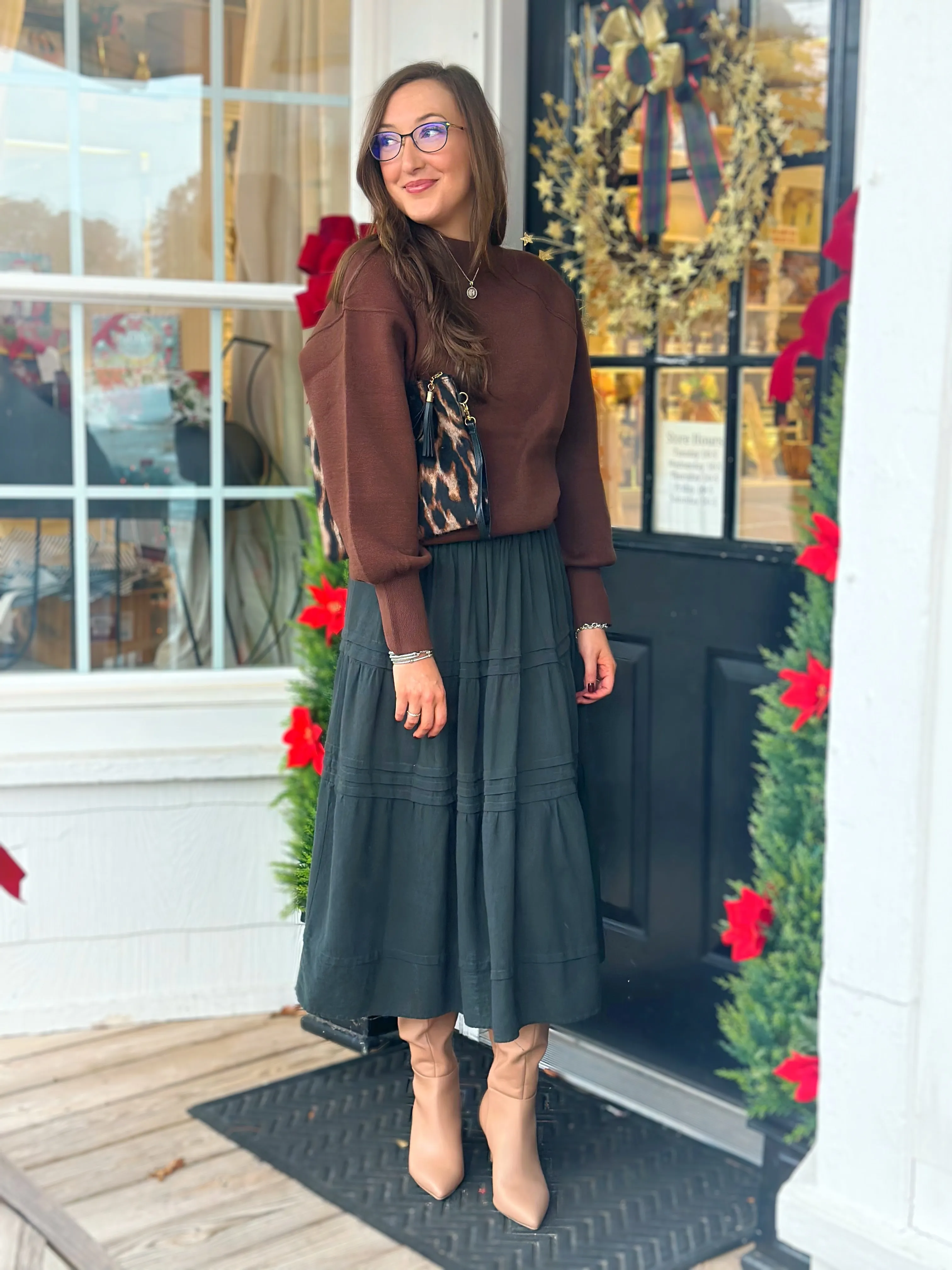 Forest Green Pin-Tuck Midi Skirt
