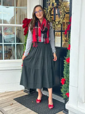 Forest Green Pin-Tuck Midi Skirt