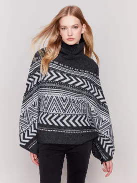 Geometric Jacquard Poncho with Buttoned Sleeves - Charcoal