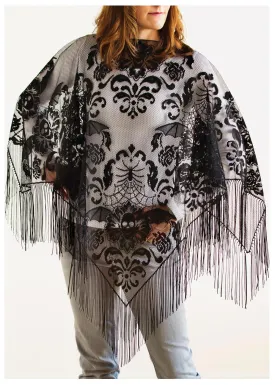 Halloween Damask Fringed Poncho 54 x 54 Inches Made in USA