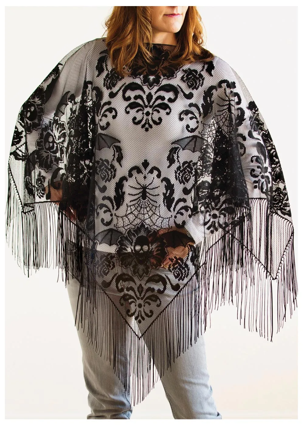 Halloween Damask Fringed Poncho 54 x 54 Inches Made in USA
