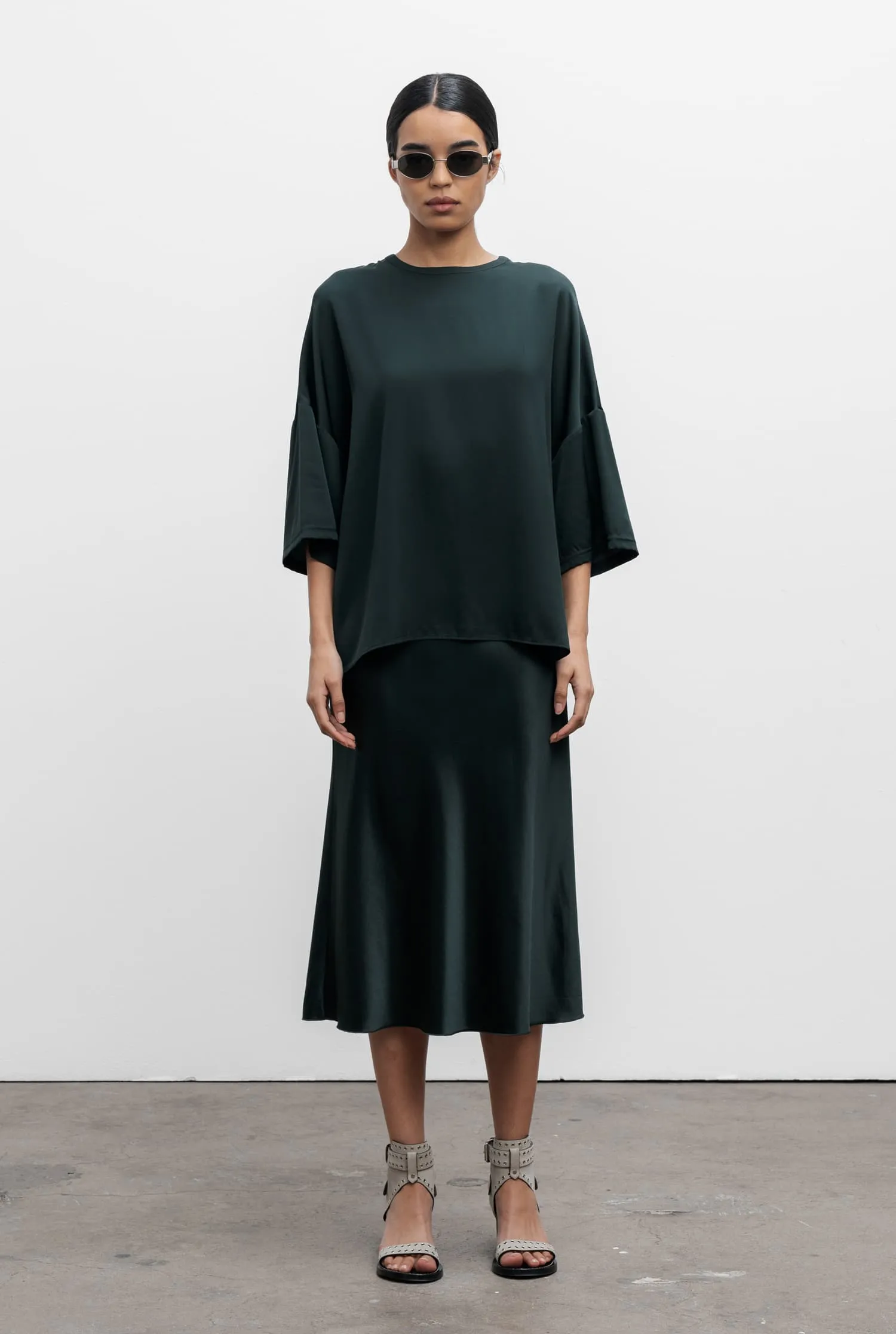 Hana silk satin skirt deep forest