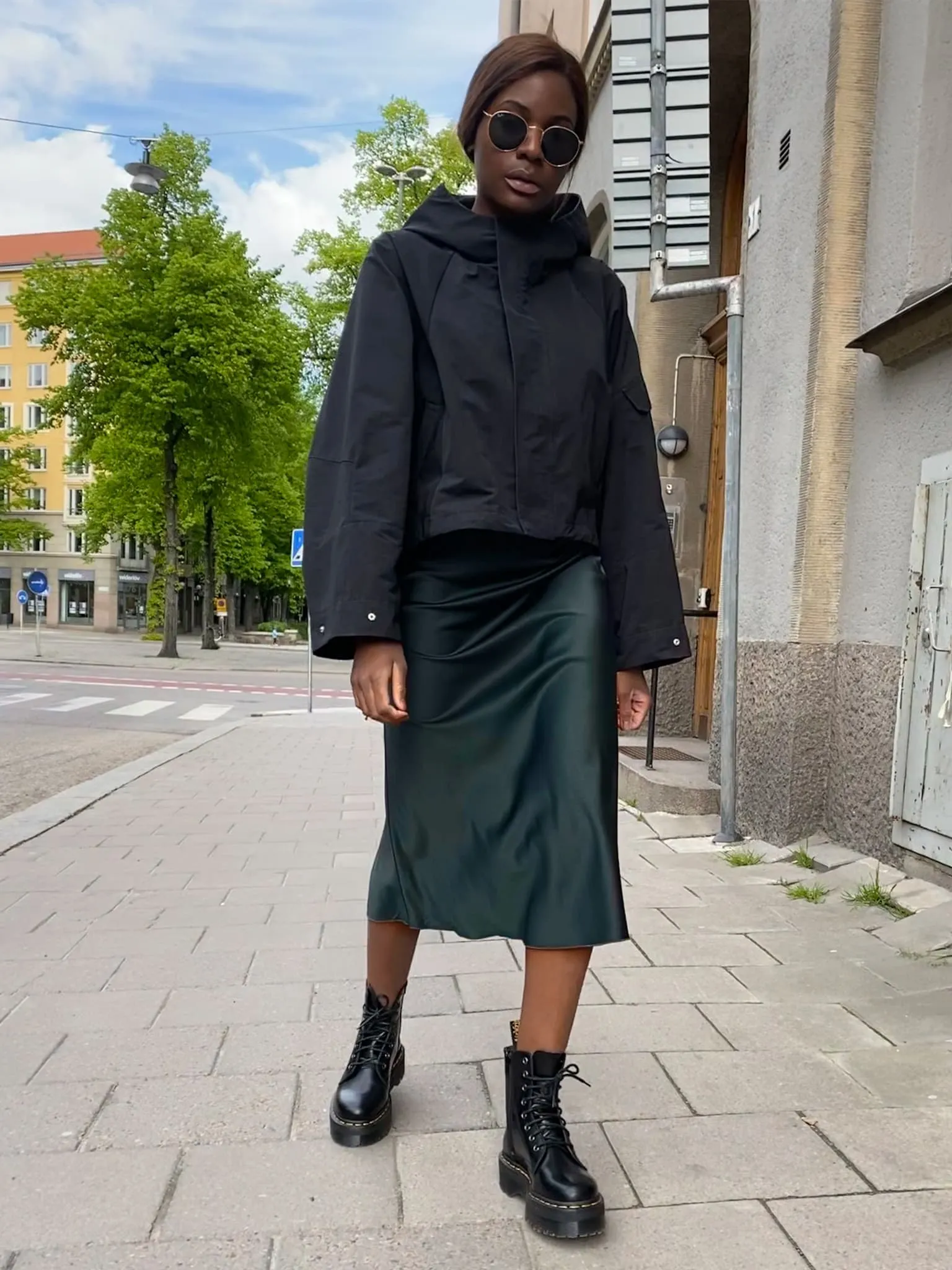 Hana silk satin skirt deep forest