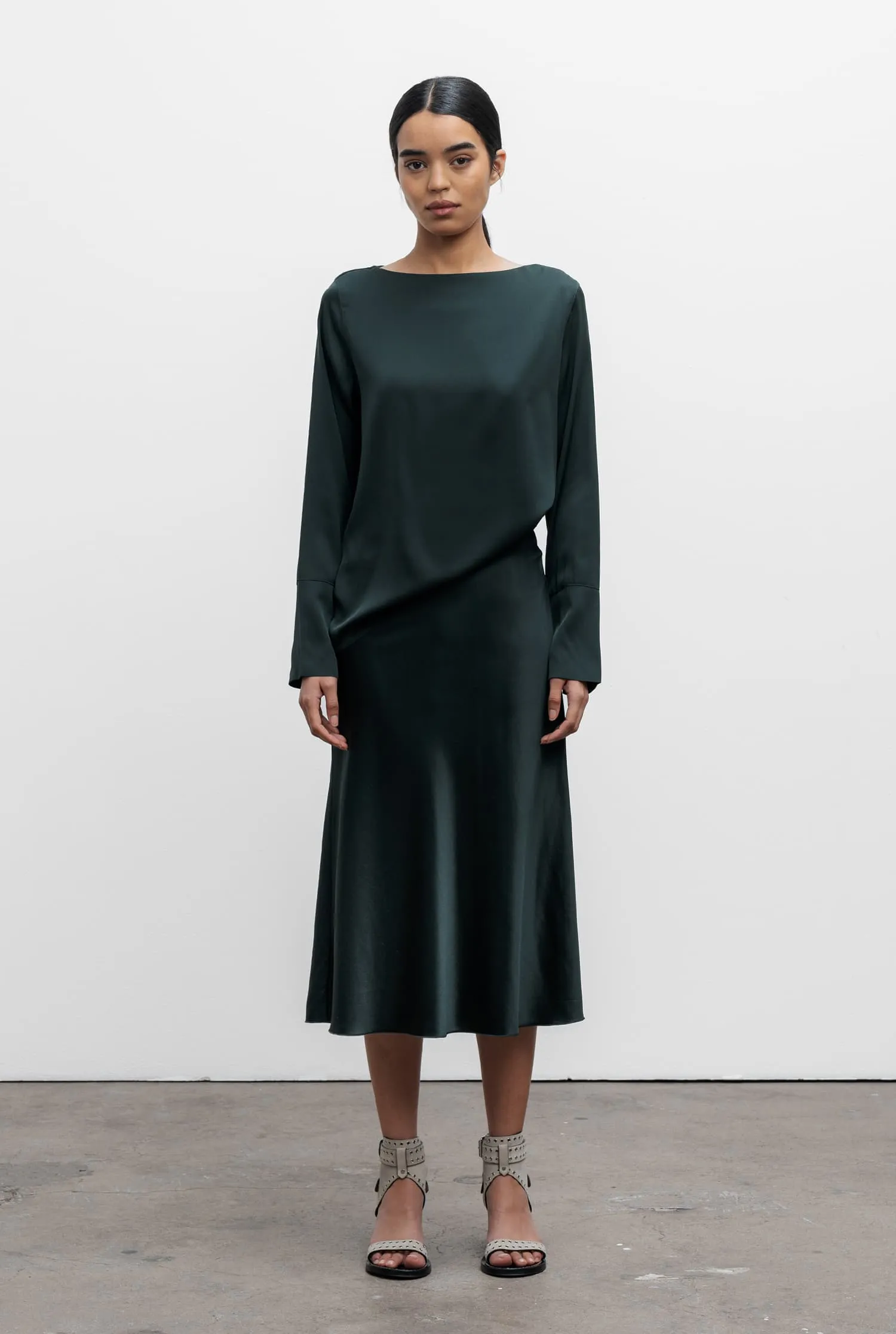 Hana silk satin skirt deep forest
