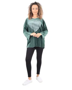 Heart Print Velour Long Sleeve Round Neck  Tunic Top