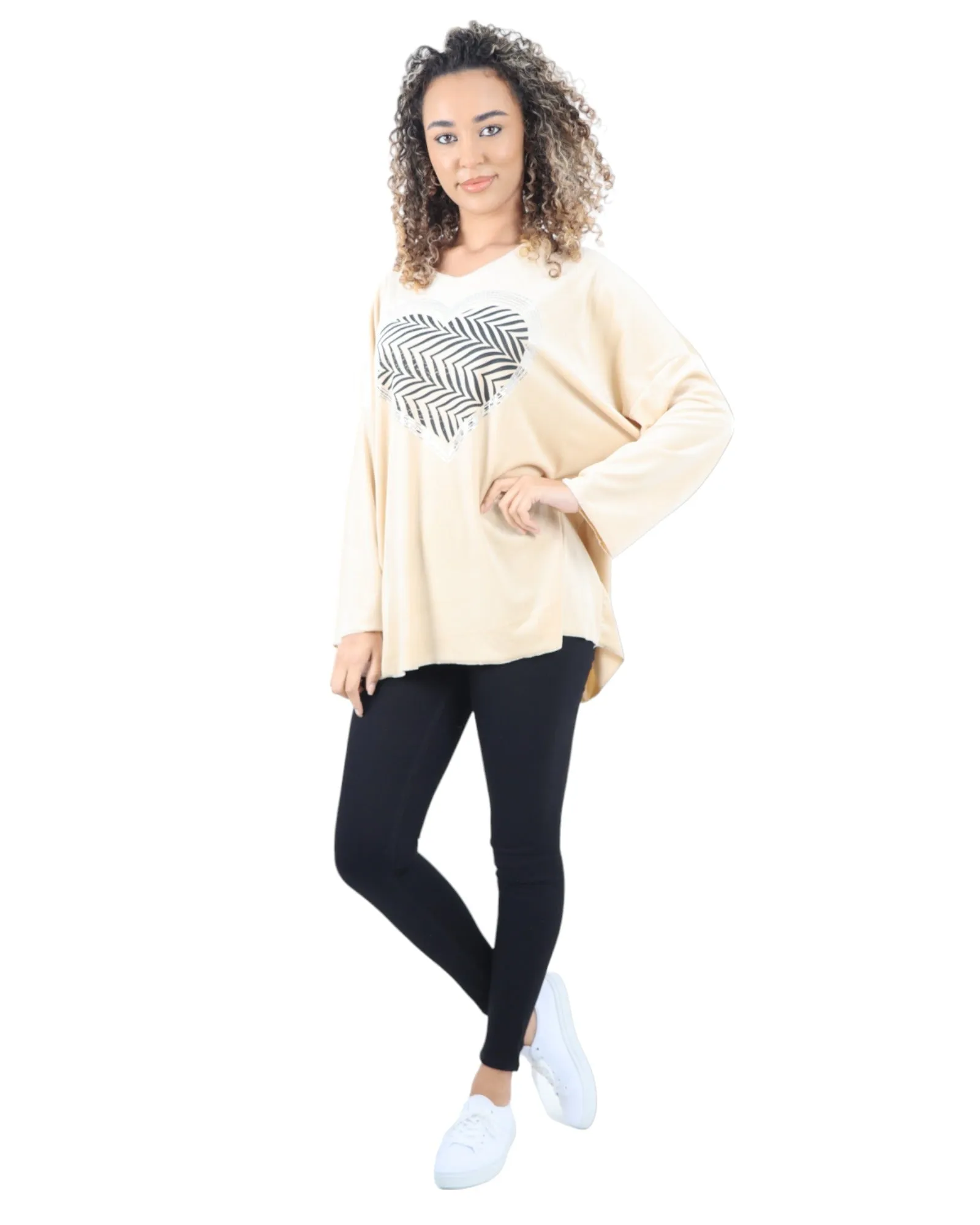 Heart Print Velour Long Sleeve Round Neck  Tunic Top