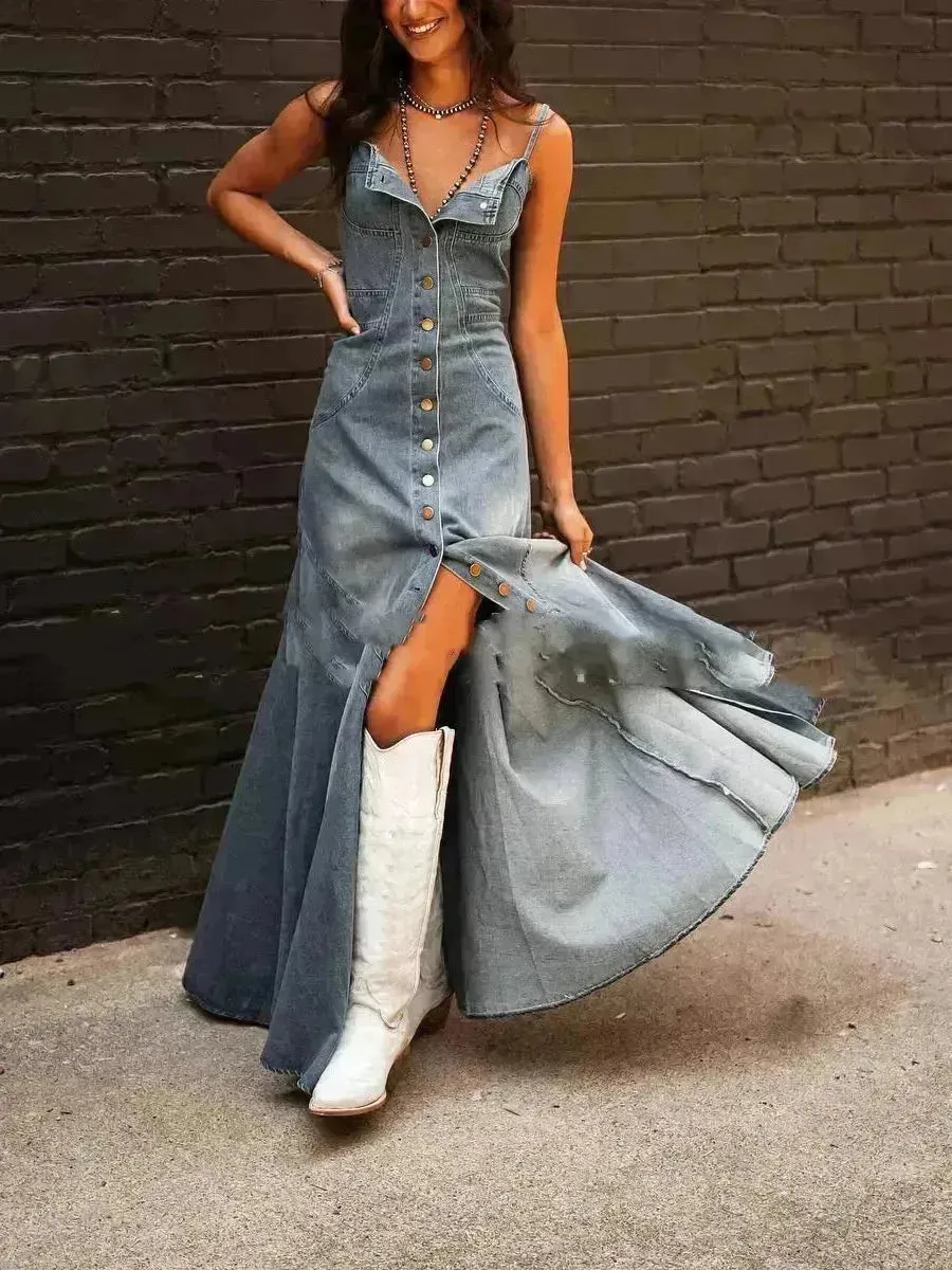 Ins Women's Summer Vintage Denim Large Swing Dress Denim Dress outfit
