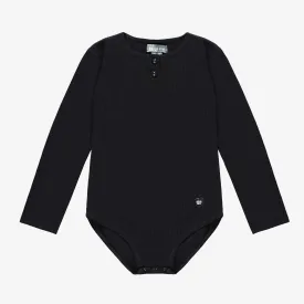 Justaucorps noir à manches longues en tricot côtelée extensible, enfant || Black bodysuit with long sleeves in stretch ribbed knit, child