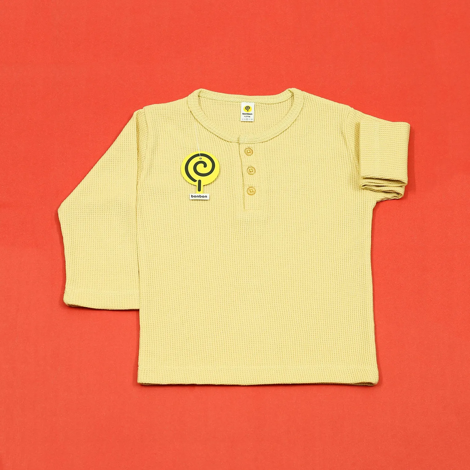 Lemon Yellow Waffle-knit Henley