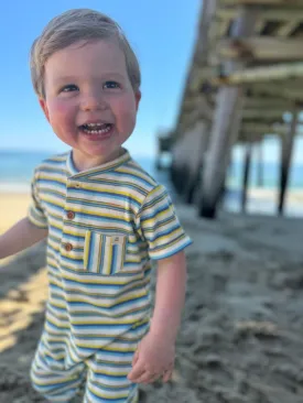 Me & Henry Camborne Henley Romper | Yellow/Blue Multi Striped Rib